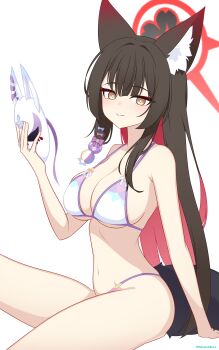 1girl absurdres animal_ear_fluff animal_ears bikini black_hair blue_archive blush breasts closed_mouth colored_inner_hair commentary_request fox_ears fox_girl fox_mask fox_tail halo highres holding holding_mask large_breasts long_hair mask multicolored_bikini multicolored_hair official_alternate_costume purple_bikini red_hair red_halo siranui_desu smile solo swimsuit tail two-tone_hair wakamo_(blue_archive) wakamo_(swimsuit)_(blue_archive) white_bikini