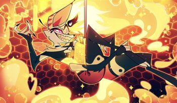 1girl bee_wings beelzebub_(helluva_boss) black_gloves black_thighhighs blonde_hair clothing_cutout colored_sclera crop_top demon_girl dragondude65 elbow_gloves extra_arms fingernails furry furry_female gloves grin heart_cutout hellaverse helluva_boss honeycomb_(pattern) insect_wings multicolored_fur pink_sclera pole_dancing red_shorts sharp_fingernails sharp_teeth shorts smile solo teeth thighhighs third_eye toeless_legwear wings yellow_fur yellow_tail