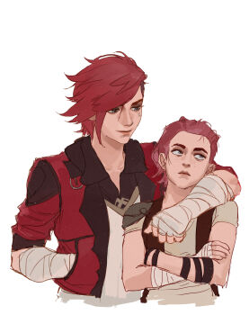 2girls absurdres aged_down arcane:_league_of_legends arcane_vi arm_around_shoulder asymmetrical_hair bandaged_hand bandages black_shirt closed_mouth cropped_torso crossed_arms facial_tattoo freckles frown grey_eyes hand_in_pocket heartvify highres jacket league_of_legends multiple_girls open_clothes open_jacket pink_lips red_hair red_jacket rolling_eyes shirt short_hair smile tattoo vi_(league_of_legends) white_shirt