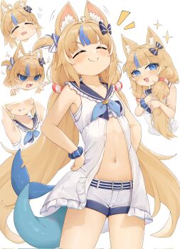 1girl absurdres ahoge animal_ear_fluff animal_ears bikini blonde_hair blue_bikini blue_bow blue_eyes blue_sky blue_streaks blush bow cat_ears cloud commentary cowboy_shot crop_top dress ear_bow english_commentary fang fins fish_girl fish_tail frilled_sailor_collar frills highres indie_virtual_youtuber lifebuoy_hair_ornament loli long_hair looking_at_viewer low_twintails multicolored_hair multiple_views navel one_side_up open_clothes open_dress open_mouth outdoors paper_boat rainbow sailor_collar sameko_saba sameko_saba_(1st_costume) short_shorts shorts side-tie_bikini_bottom sky smile solo streaked_hair swimsuit swimsuit_under_clothes syarrchan tail twintails variant_set very_long_hair virtual_youtuber white_dress