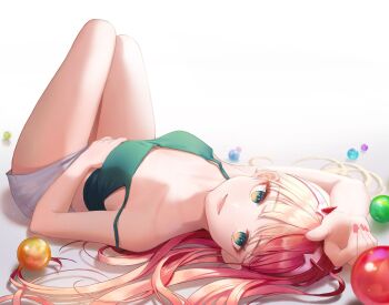 Rule 34 | 1girl, arm up, bare arms, bare shoulders, breasts, camisole, crop top, darling in the franxx, green eyes, green shirt, hairband, hashtag-only commentary, highres, long hair, looking at viewer, lying, medium breasts, midriff, on back, open mouth, pink hair, rydr93, shirt, short shorts, shorts, simple background, sleeveless, sleeveless shirt, smile, solo, spaghetti strap, strap slip, thighs, white background, white hairband, white shorts, zero two (darling in the franxx)