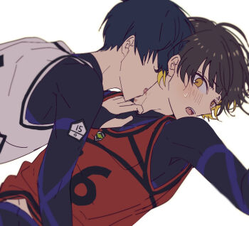 2boys bachira_meguru black_hair blonde_hair blue_hair blue_lock blue_lock_bodysuit blush commentary_request hickey isagi_yoichi male_focus mma_runn multiple_boys open_mouth short_hair simple_background sweat tank_top white_background yaoi