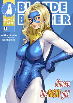 1girl absurdres blonde_blazer blonde_hair blue_background blue_bodysuit blue_gloves blue_mask bodysuit breasts commentary covered_navel dispatch english_text eye_mask gloves highres latex looking_at_viewer mask medium_breasts multicolored_bodysuit narika_(narikakkkk) parted_lips solo superhero_costume two-tone_bodysuit white_bodysuit