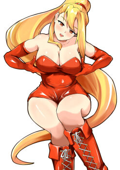 1girl bare_shoulders blonde_hair boots breasts cleavage collarbone commission dress elbow_gloves feet_out_of_frame gloves goenn_dama highres lace-up_boots large_breasts long_hair looking_at_viewer open_mouth ponytail red_dress red_gloves short_dress shynesslady simple_background skeb_commission solo star_ocean star_ocean:_the_second_story strapless taka_no_oo very_long_hair white_background