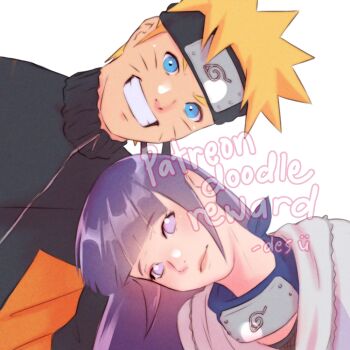 Rule 34 | 1boy, 1girl, adversarial noise, artist name, black headband, black jacket, blonde hair, blue eyes, commentary, english commentary, facial mark, forehead protector, grin, head tilt, headband, height difference, hyuuga hinata, iamdslr, jacket, konohagakure symbol, long hair, naruto (series), naruto shippuuden, purple eyes, purple hair, purple jacket, smile, uzumaki naruto, watermark, whisker markings