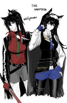 1girl animal_ear_fluff animal_ears arknights belt black_belt black_coat black_hair black_pantyhose black_vest blue_gloves blue_shorts bolo_tie cape closed_mouth coat collared_shirt colored_skin cropped_legs fingerless_gloves gloves green_necktie grey_cape grey_eyes grey_shorts hair_between_eyes hand_in_own_hair hand_up highres holding long_hair long_sleeves looking_at_viewer lskkdskkd mouth_hold multiple_views necktie official_alternate_costume open_clothes open_coat pantyhose red_gloves red_shirt shirt short_shorts shorts sidelocks simple_background standing texas_(arknights) texas_(willpower)_(arknights) texas_the_omertosa_(arknights) unfinished vest white_background white_shirt white_skin wolf_ears wolf_girl