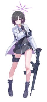 1girl absurdres armband assault_rifle belt belt_pouch black_hair black_skirt black_vest blue_archive blue_armband boots breasts collared_shirt commentary full_body gloves gradient_hair grin gun h&amp;k_hk33 halo handgun harmonica hex_(hexadomira) highres holding holding_instrument holster holstered instrument jacket large_breasts looking_at_viewer magazine_(weapon) miniskirt mole mole_on_neck multicolored_hair necktie parted_lips pouch purple_boots purple_eyes purple_gloves purple_hair purple_halo purple_necktie purple_shirt rifle shirt sig_p220/p226 simple_background skirt smile standing subaru_(blue_archive) thigh_holster two-tone_hair vest weapon white_background white_jacket