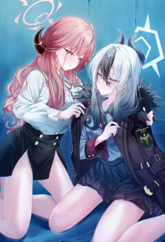 Rule 34 | 2girls, absurdres, aru (blue archive), black coat, black hair, black skirt, blue archive, blush, closed mouth, coat, coat on shoulders, commentary, demon girl, demon horns, fur-trimmed coat, fur trim, grey halo, hair between eyes, halo, highres, horns, kayoko (blue archive), looking at another, miniskirt, multicolored hair, multiple girls, necktie, parted lips, pink hair, pink halo, pleated skirt, red eyes, red necktie, shirt, side slit, skirt, smile, teru minasu, two-tone hair, white hair, white shirt, yellow eyes
