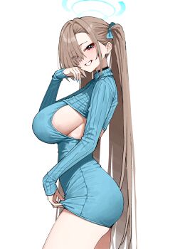 1girl absurdres alternate_costume aqua_halo asuna_(blue_archive) black_choker blue_archive blue_eyes blue_nails blush breasts brown_hair choker commentary eyes_visible_through_hair from_side hair_over_one_eye halo hand_up highres kono_(xerondan321) large_breasts long_hair long_sleeves looking_at_viewer looking_to_the_side simple_background smile solo twintails white_background