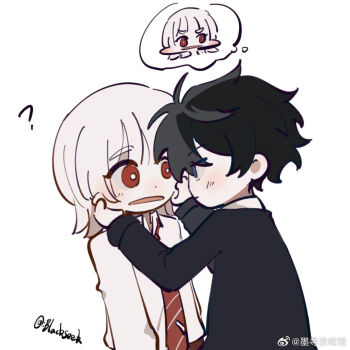 2boys ? akinashi_haru arms_at_sides black_hair blackseek cheek_pinching chinese_commentary commentary_request confused looking_at_another male_focus multiple_boys pinching red_eyes saihate_eki short_hair simple_background speech_bubble tatsunami_shion thought_bubble upper_body white_background white_hair wide_mouth