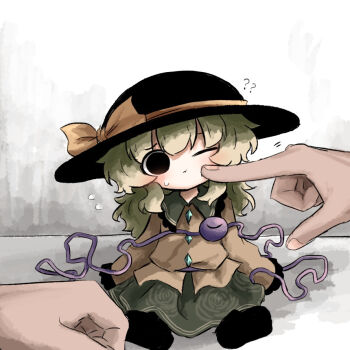 1girl :t ? ?? black_boots black_eyes black_hat boots bow buttons cheek_poking closed_mouth collared_shirt commentary_request diamond_button eyeball fedora floral_print frilled_shirt_collar frilled_sleeves frills green_hair green_skirt grey_background hat hat_bow heart heart_of_string heripantomorrow komeiji_koishi long_hair long_sleeves looking_at_viewer mini_person minigirl one_eye_closed poking shirt simple_background sitting skirt solo_focus third_eye touhou yellow_bow yellow_shirt