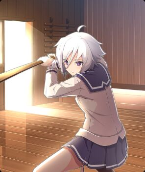 Rule 34 | 1girl, ahoge, blazer, blue sailor collar, blue skirt, breasts, closed mouth, fighting stance, game cg, hair between eyes, holding, holding sword, holding weapon, indoors, itomi sayaka, jacket, long sleeves, official art, open door, purple eyes, renpu girls school uniform, sailor collar, school uniform, serious, short hair, skirt, small breasts, solo, squatting, sword, third-party source, toji no miko, toji no miko: kizamishi issen no tomoshibi, weapon, white hair, white jacket, wooden floor, wooden sword, wooden wall