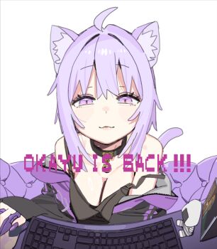 2girls absurdres animal_ear_fluff animal_ears breasts cat_ears cat_girl cat_tail computer_mouse english_text hashtag-only_commentary highres hololive imamura_ryou instrument keyboard_(instrument) looking_at_viewer multiple_girls nekomata_okayu purple_eyes purple_hair short_hair simple_background smile tail virtual_youtuber white_background