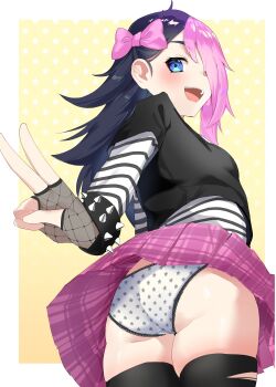Rule 34 | 1girl, :d, absurdres, ass, black hair, black shirt, black thighhighs, blue eyes, border, bow, character request, clothes lift, commentary request, commission, copyright request, cowboy shot, crotch seam, fishnet gloves, fishnets, from behind, from below, gloves, hair bow, hair over one eye, highres, layered sleeves, long bangs, long sleeves, looking at viewer, looking back, looking down, multicolored hair, natural wedgie, one eye covered, open mouth, outside border, panties, pantyshot, parted bangs, pink bow, pink hair, pink skirt, plaid clothes, plaid skirt, pleated skirt, print panties, shirt, short over long sleeves, short sleeves, skeb commission, skirt, skirt lift, smile, solo, spiked wristband, standing, star (symbol), star panties, star print, star symbol background, striped clothes, striped shirt, tesa otaku, thighhighs, torn clothes, torn thighhighs, turning head, undershirt, underwear, v, wedgie, white border, white panties, white shirt, yellow background