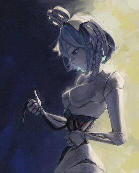 1girl breasts cable cecilia_immergreen closed_mouth doll_joints gradient_hair green_eyes green_hair grey_hair highres hololive hololive_english joints multicolored_hair nude robot_girl small_breasts solo tablicoart virtual_youtuber winding_key