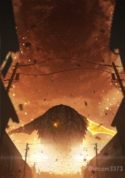 amputee banishing_fist banishing_sword blood building cloud cloudy_sky colored_blood daiei_film debris destruction embers energy energy_arm energy_fist epic exhaust fire flippers flying gamera gamera_(series) gamera_3:_revenge_of_iris glowing glowing_injury glowing_scar glowing_wound green_blood highres hurricane injury kaiju night no_humans overlapping_shell plasma power_lines prosthesis prosthetic_arm realistic scar scar_on_back sea_monster sky smoke steam storm suttoko textless_version transformer turtle variant_set wounds