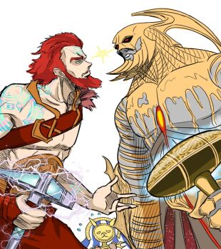 1girl 2boys akmon_(hammer) ancient_egyptian ancient_greek_clothes animal_mask blue_eyes colored_skin gold_skin greco-roman_clothes grey_skin hammer hazoret_(magic:_the_gathering) helmet holding holding_weapon imminent_fight lightning_glare magic:_the_gathering multiple_boys norse purphoros_(magic:_the_gathering) red_eyes red_hair red_wingp2 runes sparks toralf_(magic:_the_gathering) tyrite_(hammer) viking weapon white_background