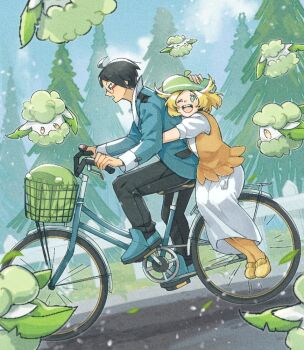 1boy 1girl ;d bianca_(pokemon) bicycle black_pants blonde_hair cheren_(pokemon) cloud commentary cottonee day dress gen_5_pokemon green_eyes green_hat hand_on_headwear hat jacket miiyokoe nintendo one_eye_closed open_mouth outdoors pants pantyhose pokemon pokemon_(creature) pokemon_bw riding riding_bicycle shoes short_hair sky smile teeth tree upper_teeth_only vest white_dress yellow_shoes