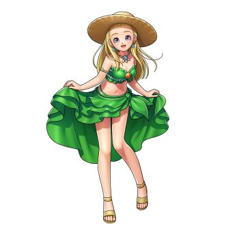 1girl :d armlet artist_request bikini blonde_hair blue_gemstone breasts dragon_quest dragon_quest_rivals dragon_quest_xi earrings floating_hair full_body game_cg gem gladiator_sandals green_bikini green_sarong hair_slicked_back hat highres jewelry long_hair looking_at_viewer medium_breasts multiple_armlets navel necklace official_alternate_costume official_art open_mouth orange_gemstone purple_eyes sandals sarong senya_(dq11) smile solo sphere_earrings strapless strapless_bikini sun_hat swimsuit third-party_source transparent_background