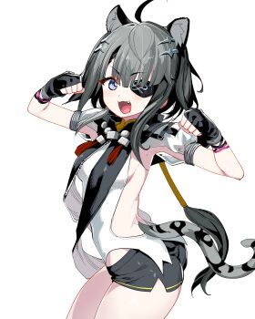Rule 34 | 1girl, :3, absurdres, ahoge, animal ear fluff, animal ears, arched back, arknights, arknights: endfield, armpits, arms up, ass, back, backless outfit, black gloves, black hair, black shorts, black vest, blue eyes, blush, breasts, cat ears, cat girl, cat tail, clenched hands, eyepatch, fang, fingerless gloves, flexing, from side, gloves, grey hair, hair ornament, hairclip, highres, huge ahoge, jewelry, kinbakuman, long hair, looking at viewer, necklace, open mouth, revealing clothes, shiny skin, shirt, short shorts, short sleeves, shorts, sidelocks, simple background, small breasts, smile, solo, standing, tail, tangtang (arknights), thighs, vest, white background, white shirt, white tail, wristband