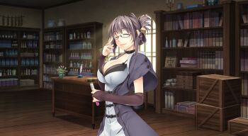 1girl ^_^ absurdres adjusting_eyewear atelier-moo black_bow black_collar bookshelf bow bow_choker breasts bridal_gauntlets brown_hair choker cleavage closed_eyes closed_mouth collar collarbone cowboy_shot day dress folded_ponytail game_cg glasses grey_jacket hair_between_eyes hand_up highres holding holding_test_tube indoors jacket kanan_yildis large_breasts lipstick makeup narrow_waist non-web_source open_clothes open_jacket short_sleeves sleeveless sleeveless_dress smile solo standing test_tube variant_set white_dress window wizards_symphony wooden_box wooden_desk wooden_floor