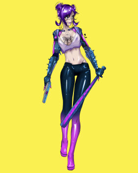 1girl absurdres amazing799pocke asymmetrical_dual_wielding baseball_bat black_pants blue_eyes boots breasts chest_tattoo cyberpunk_(series) cyberpunk_2077 cyborg double_bun dual_wielding full_body groin gun hair_behind_ear hair_bun handgun highres holding holding_baseball_bat holding_gun holding_weapon looking_to_the_side mechanical_arms medium_breasts pants purple_boots purple_hair rita_wheeler short_hair simple_background smile solo tattoo weapon yellow_background