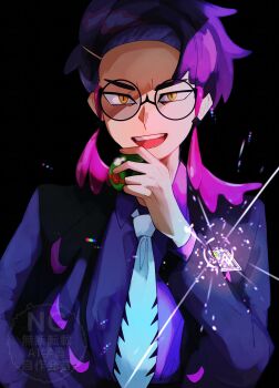 1boy :d black-framed_eyewear collared_shirt commentary_request corbeau_(pokemon) dusk_ball hand_up harinezumi_(tefs3235) highres holding holding_poke_ball long_sleeves looking_at_viewer male_focus necktie nintendo open_mouth poke_ball pokemon pokemon_legends:_z-a purple_hair round_eyewear shirt short_hair smile solo teeth upper_body upper_teeth_only watermark yellow_eyes