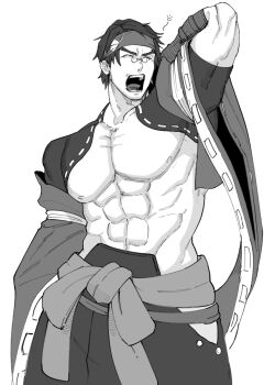 1boy abs bara bare_pectorals character_request clothing_cutout cowboy_shot glasses greyscale guilty_gear highres hip_vent itaru_(kidomh63) large_pectorals male_focus monochrome muscular muscular_male nipples pectorals short_hair shrug_(clothing) solo squeans standing strongman_waist thick_eyebrows yawning