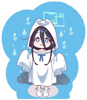 1girl aris_(blue_archive) black_hair blue_archive blue_background blue_eyes blush commentary_request dot_nose double-parted_bangs full_body green_halo hair_between_eyes halloween halloween_costume halo hitodama long_hair long_hair_between_eyes long_sleeves looking_at_viewer notice_lines rectangular_halo shoes sleeves_past_fingers sleeves_past_wrists solo sparkle standing translation_request wavy_mouth white_shoes yoru_nai