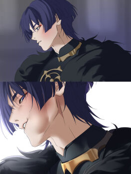 1boy absurdres adam's_apple asukathiennguyen biting_own_lip blunt_ends commentary english_commentary eyeliner genshin_impact gold highres jewelry looking_at_viewer looking_to_the_side makeup male_focus meme mitsudomoe_(shape) neck_ring parody parted_lips purple_eyes purple_hair red_eyeliner scaramouche_(genshin_impact) sequential slap_mark slap_mark_on_face solo tomoe_(symbol) toy_daddy_(manhwa) white_mouth