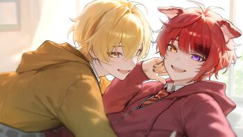 2boys animal_ears antenna_hair black_nails blonde_hair dog_ears hair_between_eyes heterochromia highres hood hooded_jacket hoodie jacket looking_at_viewer male_focus multiple_boys open_mouth red_hair red_jacket rinu_(stpri) root_(stpri) short_hair smile strawberry_prince teeth tongue tsukishiro_yashiro upper_body upper_teeth_only yellow_eyes yellow_hoodie
