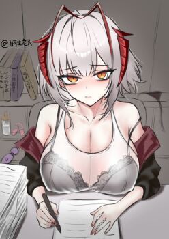 1girl :/ alternate_breast_size_(larger) antennae arknights artist_name black_jacket blush book breast_rest breasts breasts_on_table cleavage commentary_request demon_girl demon_horns desk grey_hair hitachi_magic_wand holding holding_pen horns indoors jacket luhuaic off_shoulder open_clothes open_jacket paper paper_stack pen raised_inner_eyebrows red_nails see-through_clothes see-through_shirt sex_toy shirt solo tank_top upper_body vibrator w_(arknights) white_shirt yellow_eyes