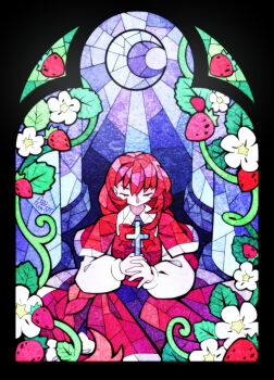 Rule 34 | 1girl, absurdres, artist name, azureremilia, bow, braid, capelet, clip studio paint (medium), closed eyes, crescent moon, cross, flower, food, fruit, highres, holding, holding cross, long hair, long skirt, long sleeves, making-of available, moon, okazaki yumemi, plant, red capelet, red eyes, red hair, shirt, skirt, solo, stained glass, strawberry, touhou, touhou (pc-98), very long hair, vines, white flower, white shirt