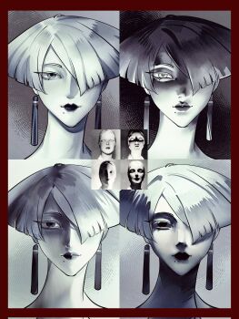 Rule 34 | 1girl, a.k.i. (street fighter), black lips, border, capcom, closed mouth, commentary request, earrings, greyscale, hair over one eye, highres, jewelry, jlxy0907, lighting practice, looking at viewer, mole, mole above mouth, mole under mouth, monochrome, multiple views, one eye covered, photo-referenced, photo inset, red border, short hair, smile, solo, street fighter, street fighter 6, tassel, tassel earrings, white hair