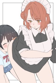2girls apron bare_legs black_hair blush closed_eyes closed_mouth embarrassed hair_ornament hairclip half-closed_eyes happy highres lifting_own_clothes looking_down love_live! love_live!_nijigasaki_high_school_idol_club maid_apron maid_headdress medium_hair multiple_girls nijigasaki_school_uniform orange_hair orange_panties outside_border panties pout school_uniform smelling smelling_ass soyo1558686 takasaki_yu thighs uehara_ayumu underwear white_background yellow_eyes yuri