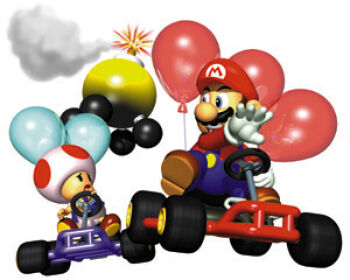 1990s_(style) 2boys 3d balloon bomb creature explosive facial_hair gloves kart lowres mario mario_(series) mario_kart mario_kart_64 multiple_boys mustache nintendo official_art racing retro_artstyle scared short_hair simple_background super_mario_bros._1 toad_(mario) white_background