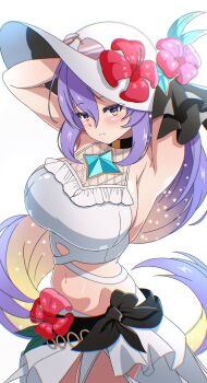 1girl anaglyph armpits arms_up bad_perspective bad_proportions bikini black_choker blush breasts choker flower hat hat_flower highres hololive hololive_indonesia kaiyen large_breasts long_body looking_at_viewer midriff moona_hoshinova moona_hoshinova_(holonatsu_paradise) navel purple_hair simple_background solo starry_hair sun_hat swimsuit virtual_youtuber white_background