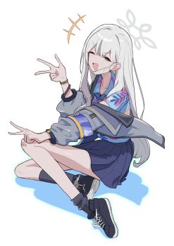 +++ 1girl :d ;d black_shoes black_socks blue_archive blue_shirt blue_skirt collared_shirt commentary_request double-parted_bangs full_body grey_eyes grey_halo grey_jacket grey_streaks halo highres jacket konoka_(blue_archive) long_hair long_sleeves looking_at_viewer mask miniskirt mosuroshyu mouth_mask multicolored_hair off_shoulder one_eye_closed open_clothes open_jacket open_mouth pleated_skirt shirt shoes simple_background sitting skirt smile sneakers socks solo streaked_hair w white_background white_hair