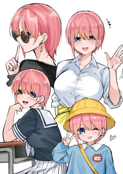 +++ 1girl ;d absurdres age_progression black_shirt blue_eyes blue_shirt breasts cardigan cardigan_around_waist closed_mouth clothes_around_waist collared_shirt commentary_request desk earrings elbow_rest finger_to_mouth go-toubun_no_hanayome hand_up hat heart highres jewelry kindergarten_uniform large_breasts looking_at_viewer mame1645 multiple_views nakano_ichika neckerchief one_eye_closed open_mouth pink_hair pleated_skirt round_eyewear sailor_collar school_desk school_hat school_uniform serafuku shirt short_hair shushing simple_background skirt smile sunglasses v waving white_background white_neckerchief white_sailor_collar white_shirt white_skirt yellow_cardigan yellow_hat