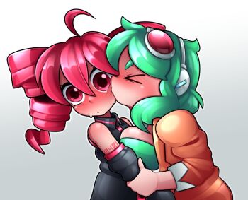 >_< 2girls arm_tattoo black_shirt blush bra breasts buttons collared_shirt detached_sleeves drill_hair electronic_baka full-face_blush gradient_background green_bra green_hair grey_background gumi headphones huge_breasts jacket kasane_teto kasane_teto_(utau) kiss multiple_girls number_tattoo open_clothes open_jacket orange_jacket outline red-tinted_eyewear red_eyes red_hair red_trim shirt short_hair sports_bra sweat tattoo tinted_eyewear twin_drills underwear utau vocaloid white-framed_eyewear white_outline wide-eyed yuri