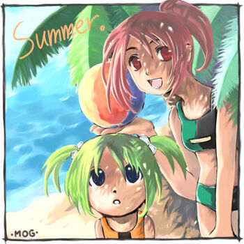 2girls :d archived_source artist_name ball beach beachball bikini border commentary_request dated_commentary english_text green_bikini green_hair hair_bobbles hair_ornament holding holding_ball holding_beachball jang_sun-yeong korean_commentary long_arms looking_at_viewer lowres multiple_girls open_mouth orange_bikini original outdoors outside_border palm_leaf parted_lips pink_hair ponytail red_eyes sand shade short_hair short_twintails smile summer swimsuit tongue twintails upturned_eyes water white_border