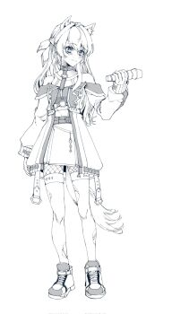 Rule 34 | 1girl, ampere (love live!), animal ears, bare shoulders, closed mouth, coat, commentary, fishnet pantyhose, fishnets, full body, greyscale, hair intakes, half updo, highres, holding, holding microphone, kemonomimi mode, link! like! love live!, long hair, long sleeves, love live!, microphone, midriff, miniskirt, monochrome, murano sayaka, off-shoulder coat, off shoulder, official alternate costume, pantyhose, pleated skirt, shirt, shoes, simple background, skirt, sleeveless, sleeveless shirt, smile, sneakers, solo, standing, tail, torn clothes, torn pantyhose, virtual youtuber, white background, wolf ears, wolf girl, wolf tail, yrxy settingsun