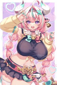 Rule 34 | 1girl, ahoge, animal ears, aqua hair, arm up, armpits, bell, belt, black skirt, braid, breasts, bright pupils, cow ears, cow girl, cow horns, cowbell, cowboy shot, detached sleeves, fur trim, genshin impact, hair ornament, hairband, heart, horns, huge breasts, large breasts, long hair, looking at viewer, midriff, multicolored hair, nyorori (tatsutaage), open mouth, pink belt, pink hair, purple eyes, single thighhigh, skirt, solo, stomach, teeth, thighhighs, twin braids, upper teeth only, varesa (genshin impact), yellow sleeves