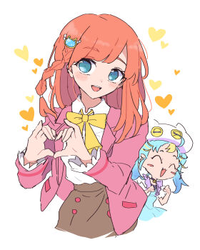 ^_^ bell beret black_choker blazer blue_eyes blue_hair blush braid cat_hair_ornament choker clenched_hands closed_eyes collared_shirt fang hair_behind_ear hair_ornament hat head_tilt heart heart_hands hibino_matsuri highres jacket leaning_forward long_hair long_sleeves myamu neck_bell nojima_minami open_mouth pink_jacket pretty_series revision shirt shirt_tucked_in side_braid smile twintails waccha_primagi! white_background white_hat white_shirt