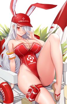 Rule 34 | 1girl, absurdly long hair, absurdres, animal ears, arm support, armband, azur lane, bare shoulders, black nails, blush, breasts, chair, chinese commentary, cleavage, collarbone, commentary request, donut innertube, fake tail, flip-flops, hair between eyes, hand up, hat, highleg, highleg one-piece swimsuit, highres, innertube, knee up, large breasts, lifebuoy, lifeguard, lifeguard chair, long hair, looking at viewer, mcic0, mole, mole on body, mole under eye, official alternate costume, one-piece swimsuit, one eye closed, parted lips, pouch, prinz heinrich (azur lane), prinz heinrich (rabbit on watch) (azur lane), rabbit ears, red eyes, red hat, red one-piece swimsuit, sandals, shadow, sidelocks, sitting, skindentation, smile, solo, strapless, strapless one-piece swimsuit, swim ring, swimsuit, tail, thigh pouch, very long hair, whistle, whistle around neck, white background, white hair