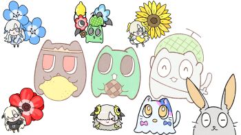 Rule 34 | > <, 1girl, absurdres, black jacket, blue dress, blue flower, chibi, chibi only, commentary request, cookie, dress, flower, food, fruit, gomidasu (kamitsubaki studio), grey eyes, grey hair, hair flower, hair ornament, hair over one eye, highres, holding, holding food, isekaijoucho, jacket, kamitsubaki studio, lemon, lemon melon cookie (vocaloid), melon, multiple views, rabbit, red flower, simple background, t masoppu, virtual youtuber, white background, yellow dress, yellow flower