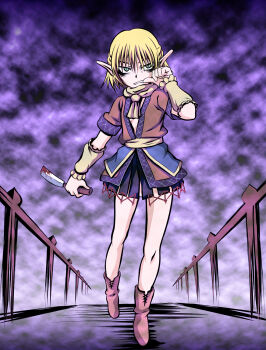 1girl ayana_mizuki biting biting_own_thumb black_skirt blonde_hair blood boots brown_shirt commentary_request flat_chest full_body green_eyes highres holding holding_knife knife looking_at_viewer mizuhashi_parsee pink_boots pointy_ears purple_background railing sash shirt short_hair short_sleeves skirt solo standing touhou white_sash