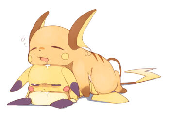 amezawa_koma drooling evolution evolutionary_line gen_1_pokemon gen_2_pokemon lying nintendo no_humans on_stomach open_mouth pichu pikachu pokemon pokemon_(creature) raichu saliva sleeping tail