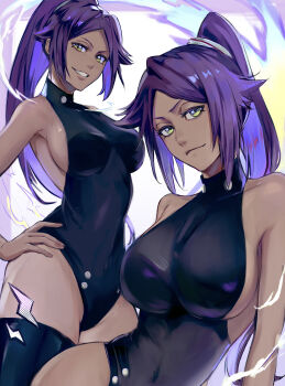 1girl 2025 absurdres bare_arms bare_shoulders black_leotard black_thighhighs bleach breasts covered_collarbone covered_navel dark-skinned_female dark_skin hand_on_own_hip highleg highleg_leotard highres large_breasts leotard long_hair looking_at_viewer parted_bangs ponytail purple_hair shihouin_yoruichi sideboob smile thighhighs thighs toned toned_female uno_0a very_long_hair yellow_eyes