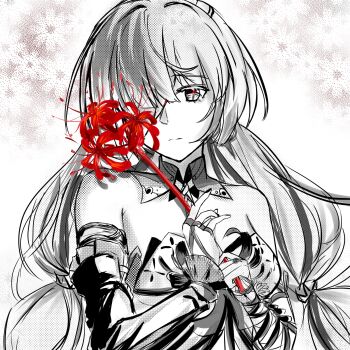 bandage_over_one_eye bandaged_arm bandages bare_shoulders breasts closed_mouth commentary detached_sleeves flower greyscale highres holding holding_flower izumi_(emerald15517) long_hair looking_at_viewer medium_breasts monochrome phrolova_(wuthering_waves) red_pupils single_detached_sleeve spider_lily spot_color upper_body wuthering_waves